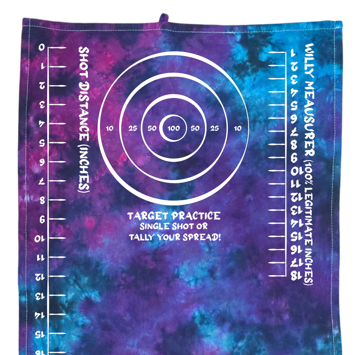 Tie-dye target practice rag in purple and blue with circular target graphic and rulers