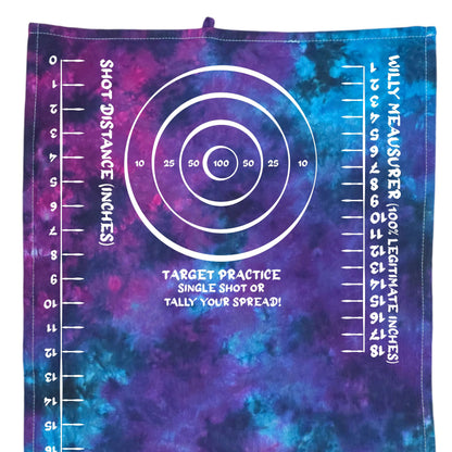 Tie-dye target practice rag in purple and blue with circular target graphic and rulers
