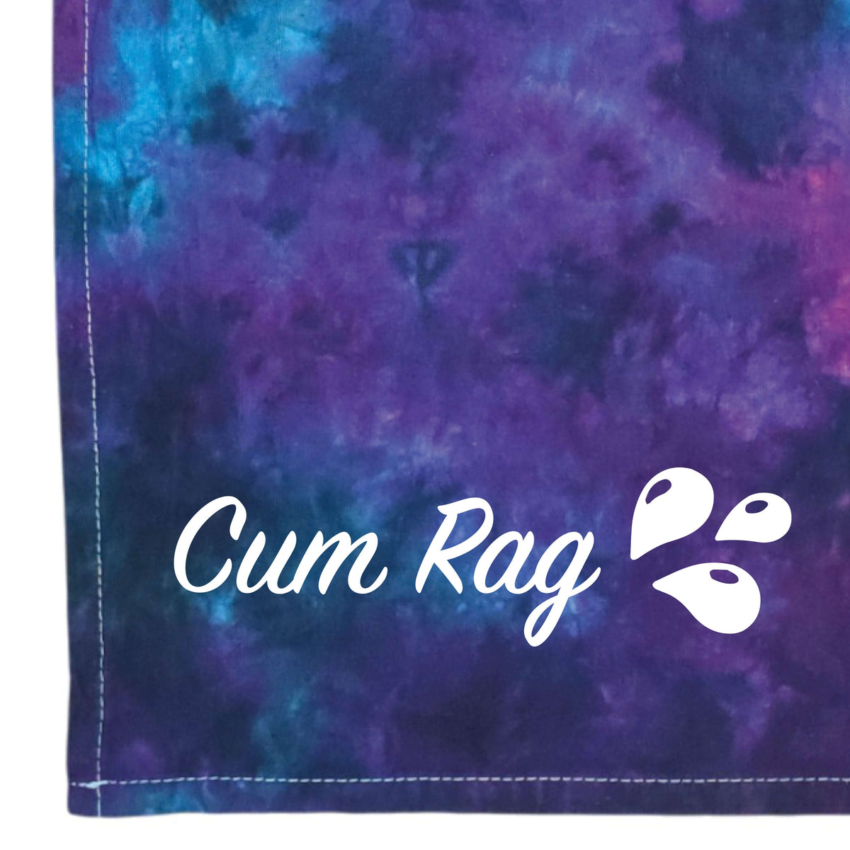 Tie-dye rag with purple and blue clouded pattern, stitched edges