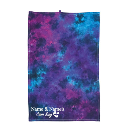 Customizable couples rag, purple-blue tie-dye cloth with 'Name & Names' text