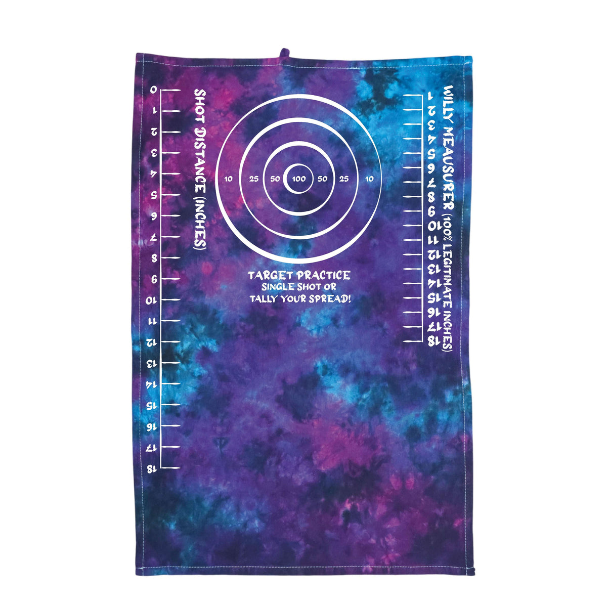 Tie-dye target practice rag in purple and blue with circular target graphic and rulers