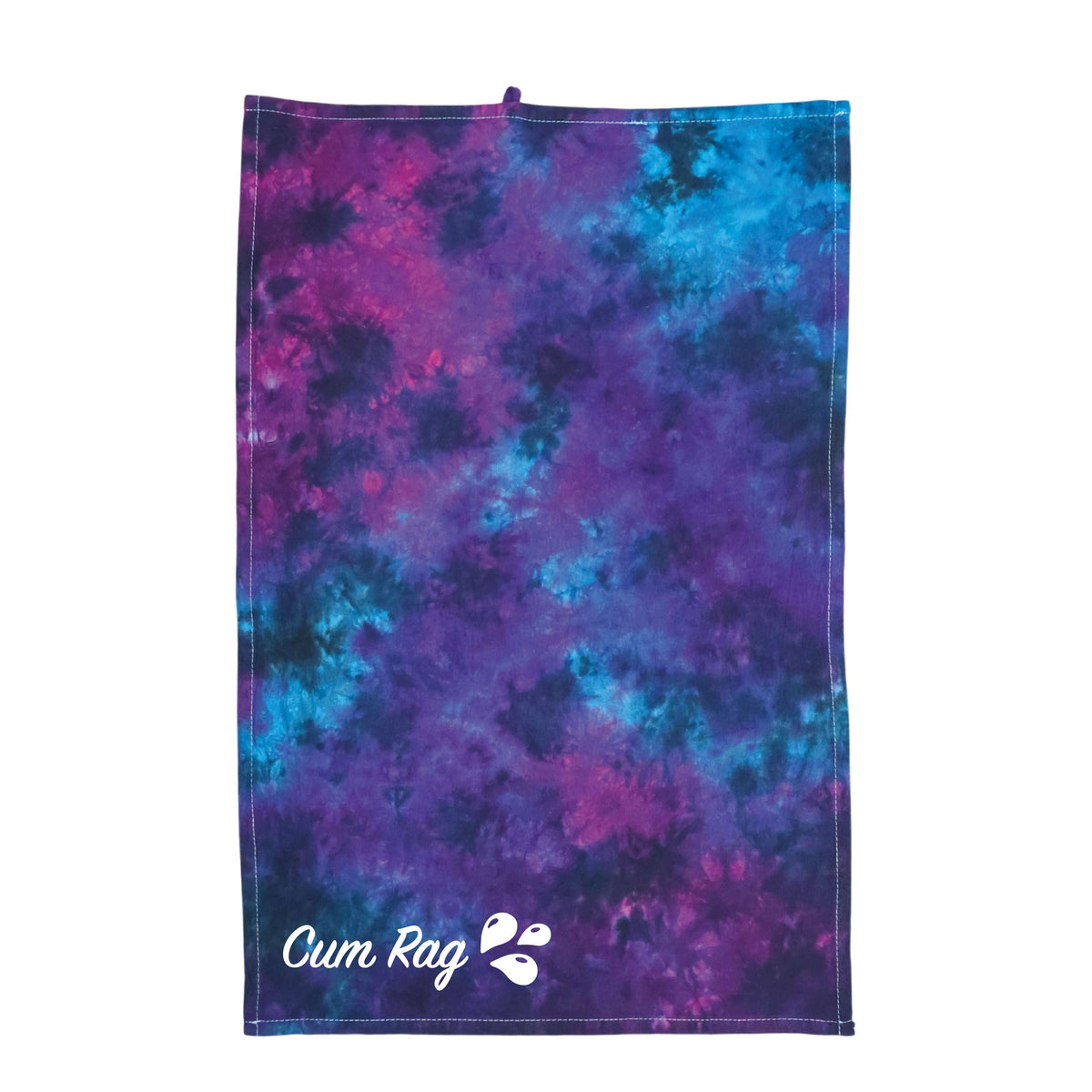 Purple-blue tie-dye cum rag, stitched edges, top loop, 'Cum Rag' print