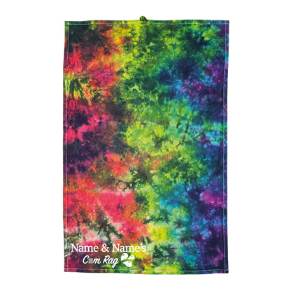 Customizable couples rag, rainbow tie-dye cloth with 'Name & Names' text