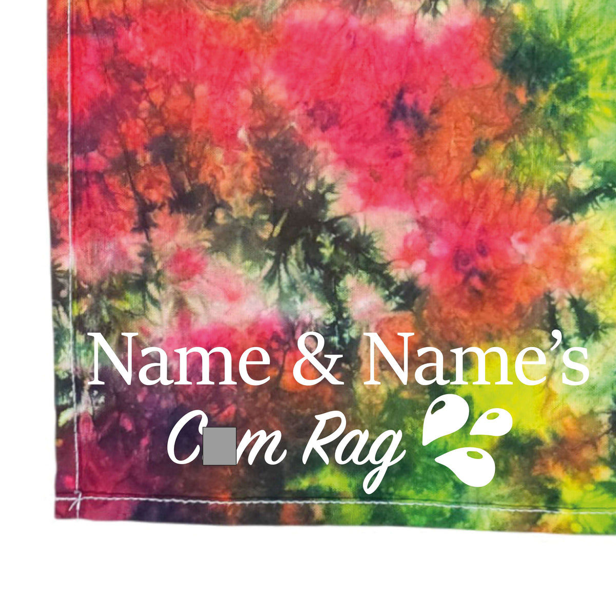 Tie-dye cloth with red, orange, pink, and green swirls and printed 'Name & Name's' logo