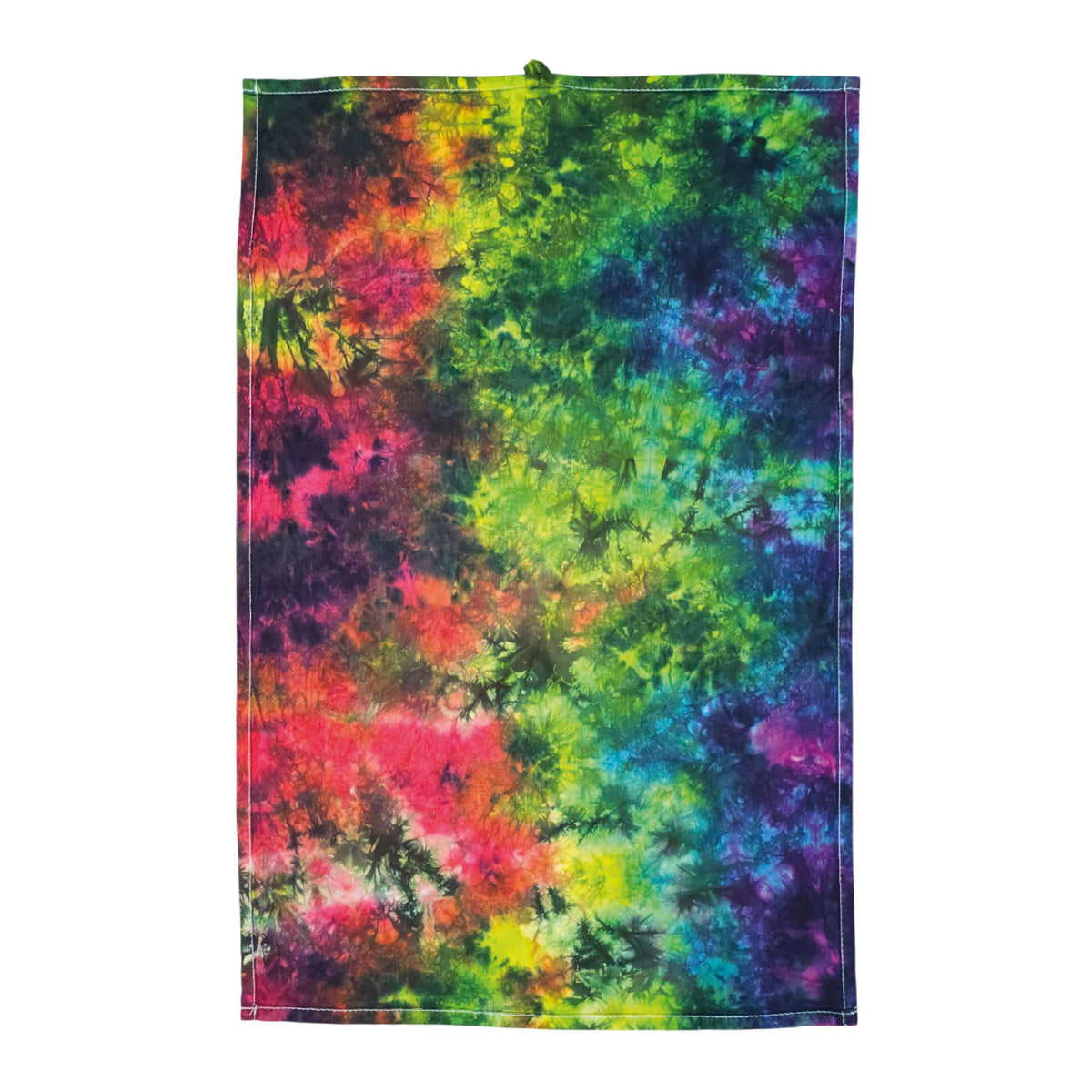 Rainbow tie-dye tea towel with multicolor cloud pattern, hemmed edges