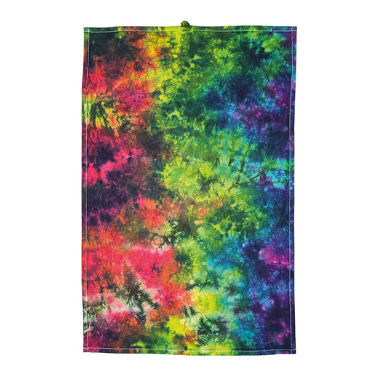 Rainbow tie-dye tea towel with multicolor cloud pattern, hemmed edges
