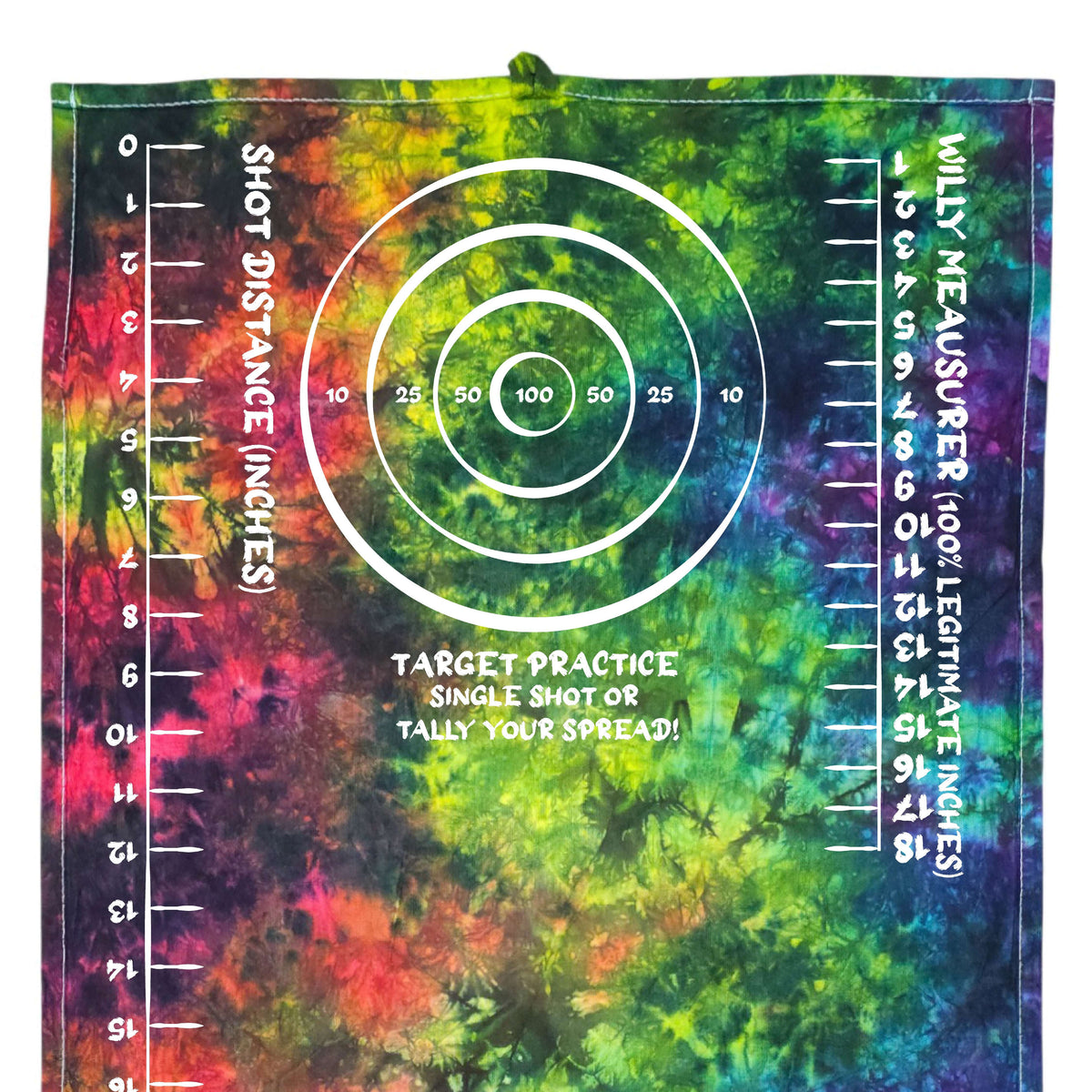 Tie-dye target practice rag in green, pink, and purple with circular target graphic and rulers
