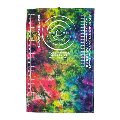 Multicolor tie-dye rag with white target circles and ruler-style measurement markings