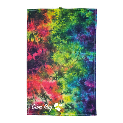 Tie-dye rag with vivid multicolor rainbow swirls and stitched edges