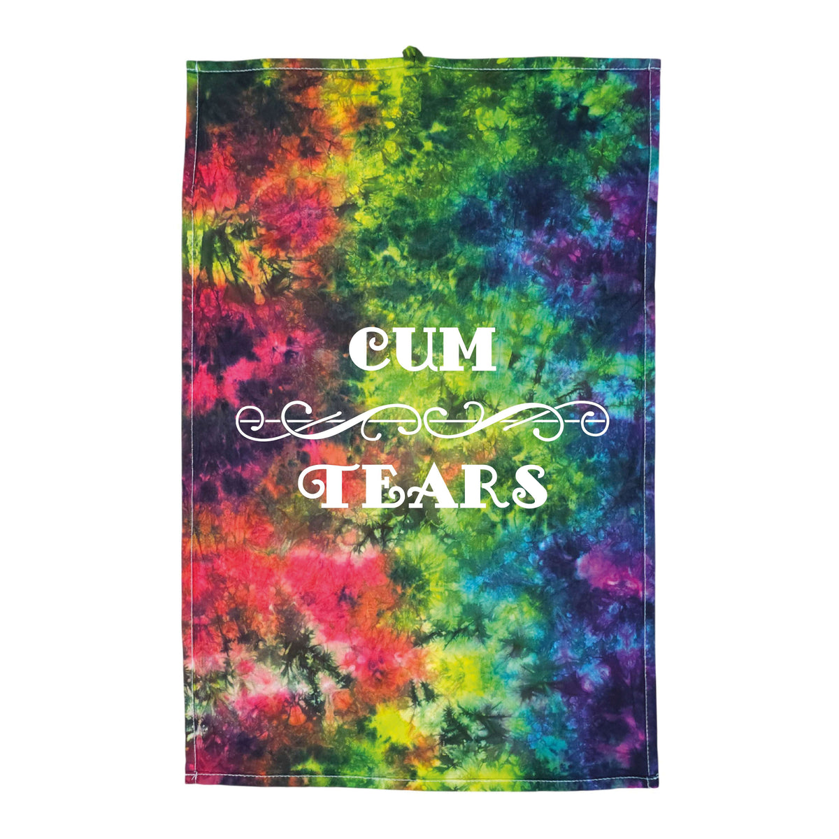 Tie-dye rag towel in multicolor, with 'CUM TEARS' front print