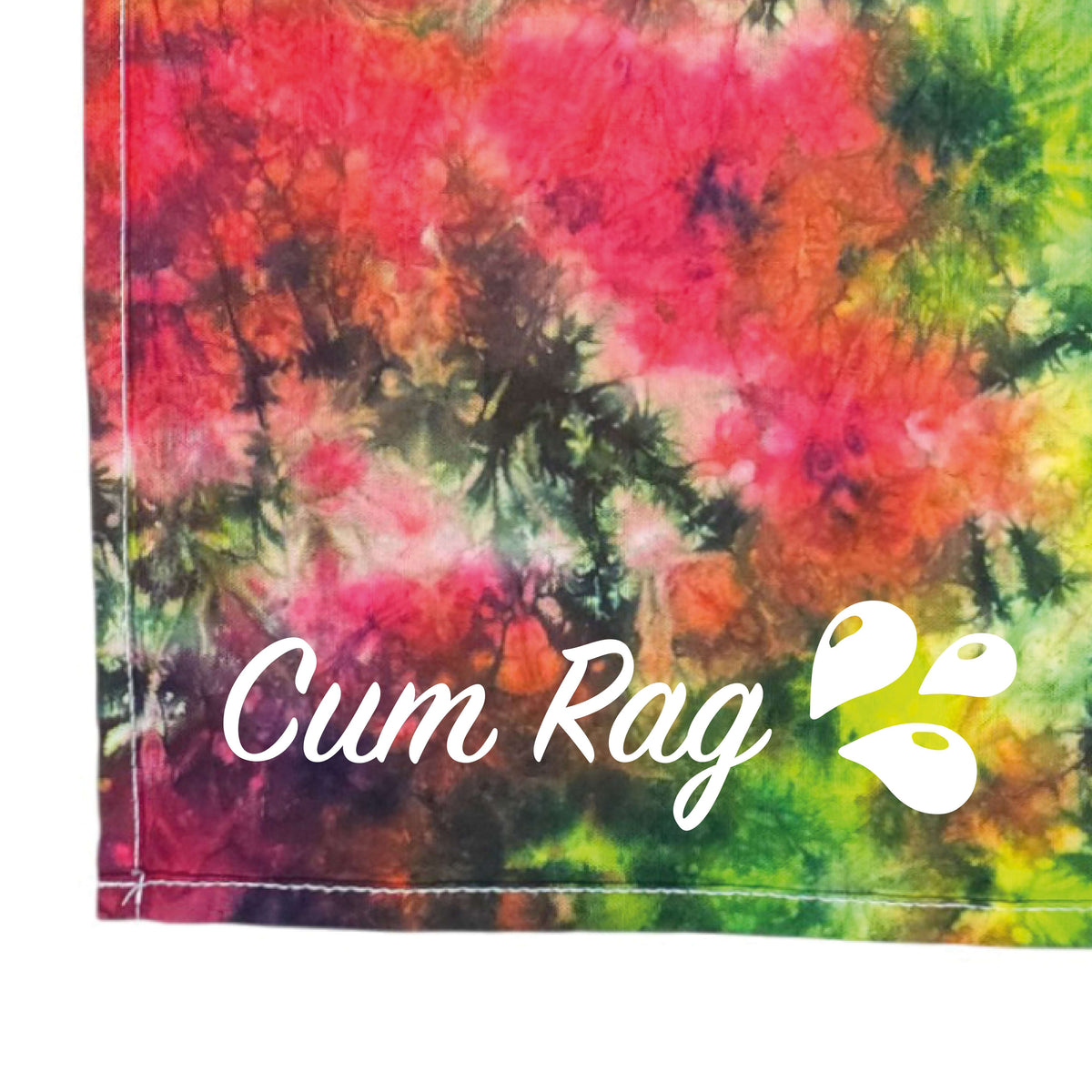 Tie-dye rag in red, green, and yellow clouded pattern with stitched edges