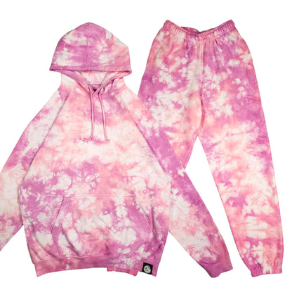 Pink tie-dye hoodie and jogger tracksuit set, front view with hood and drawstring