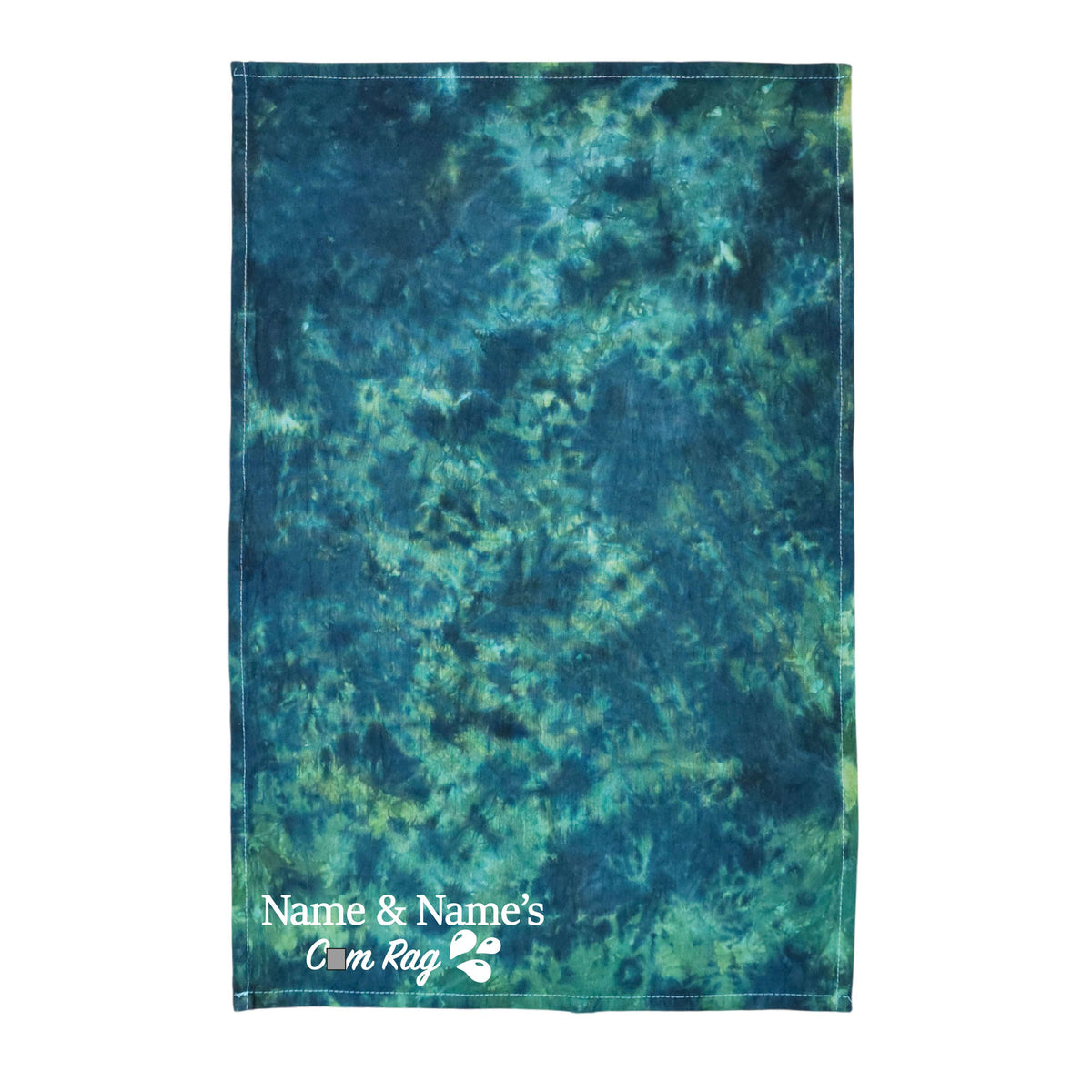 Tie-dye cloth in blue and green with printed 'Name & Name's' logo