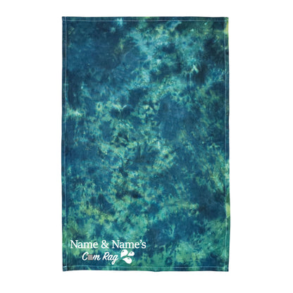 Tie-dye cloth in blue and green with printed 'Name & Name's' logo
