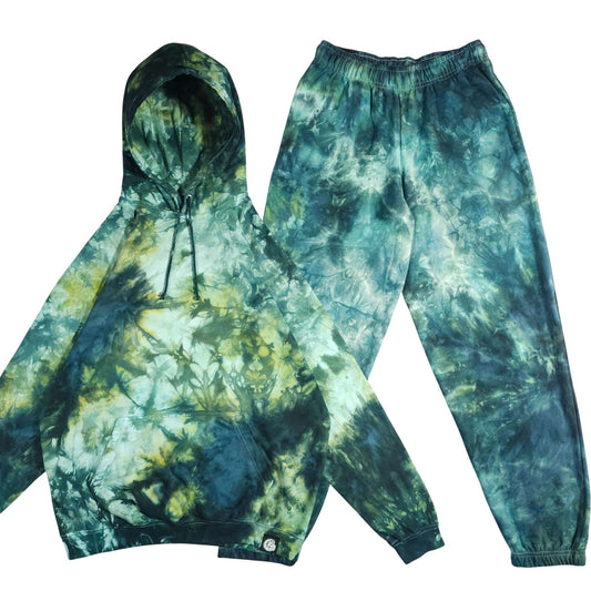 Tie-dye hoodie with drawstring hood and kangaroo pocket, plus matching jogger pants