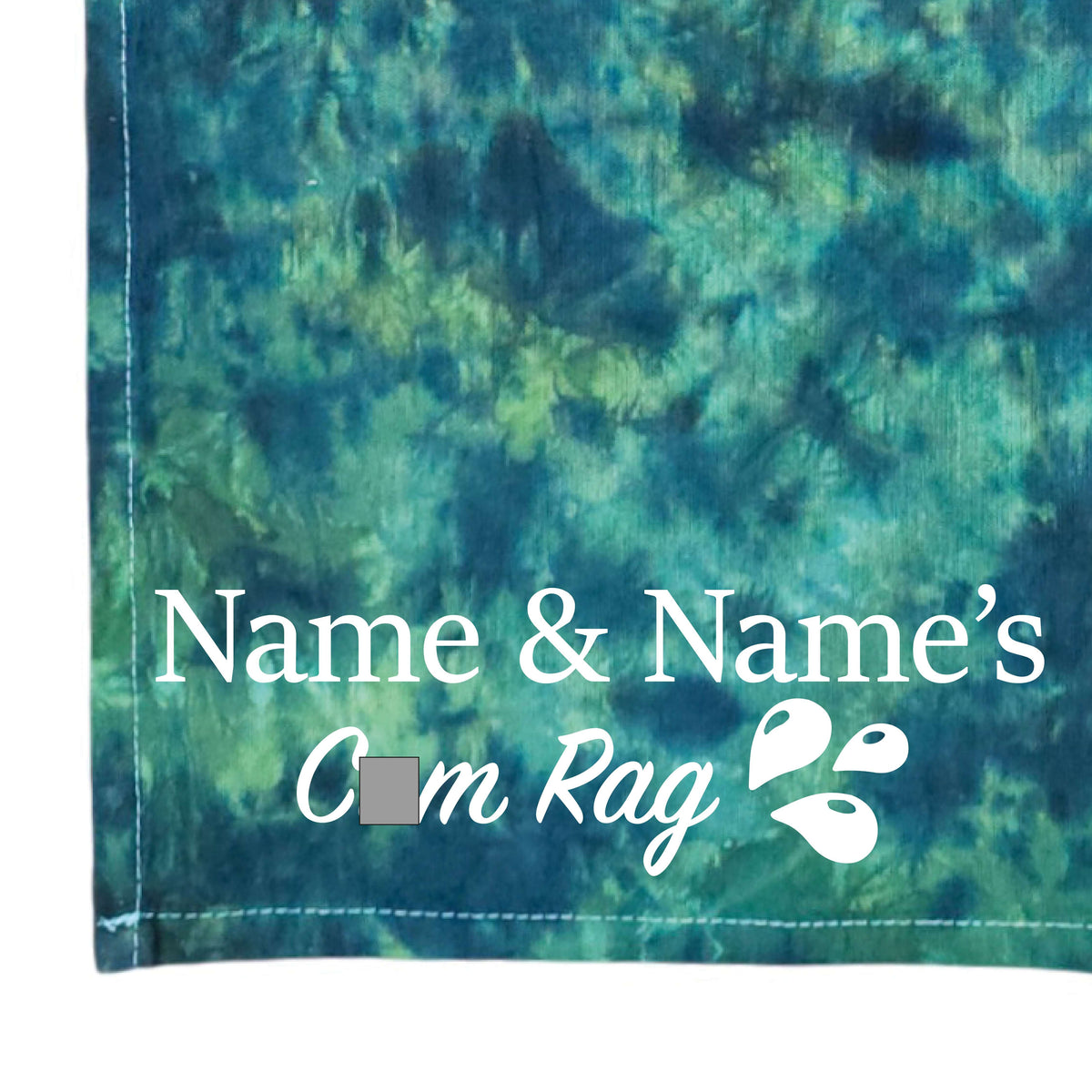 Tie-dye cloth in dark teal, green, and purple with printed 'Name & Name's' logo