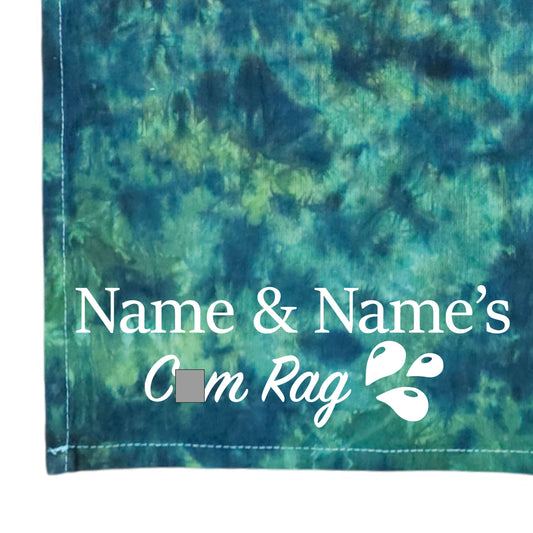 Tie-dye cloth in dark teal, green, and purple with printed 'Name & Name's' logo
