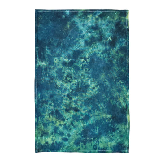 Teal and green tie-dye tea towel, rectangular with stitched border