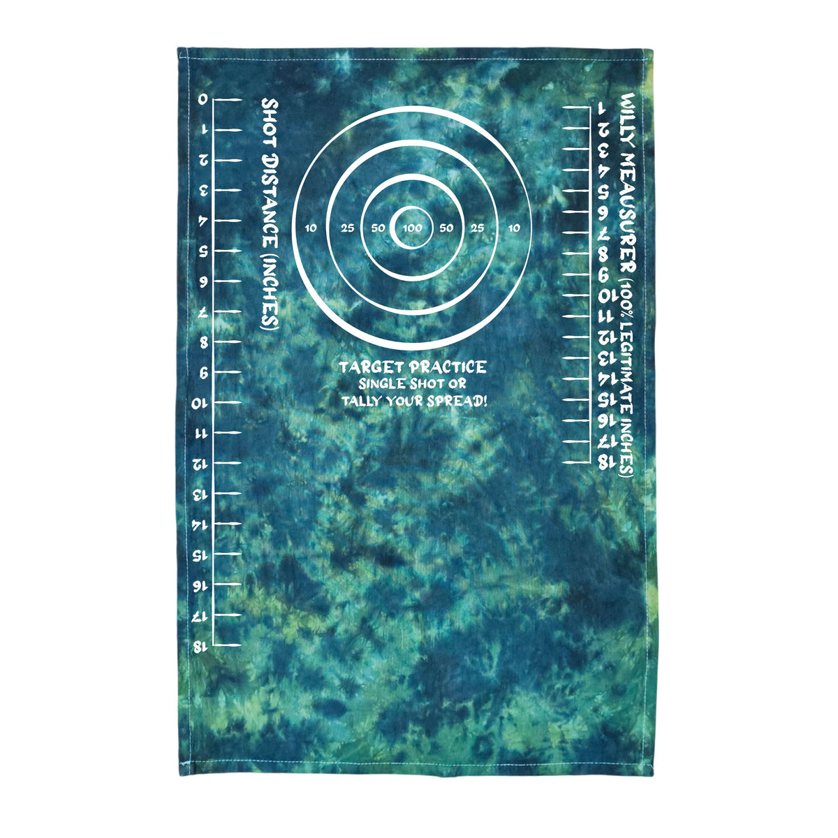 Teal tie-dye rag with white target circles and vertical ruler-style measurement markings