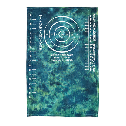 Teal tie-dye rag with white target circles and vertical ruler-style measurement markings