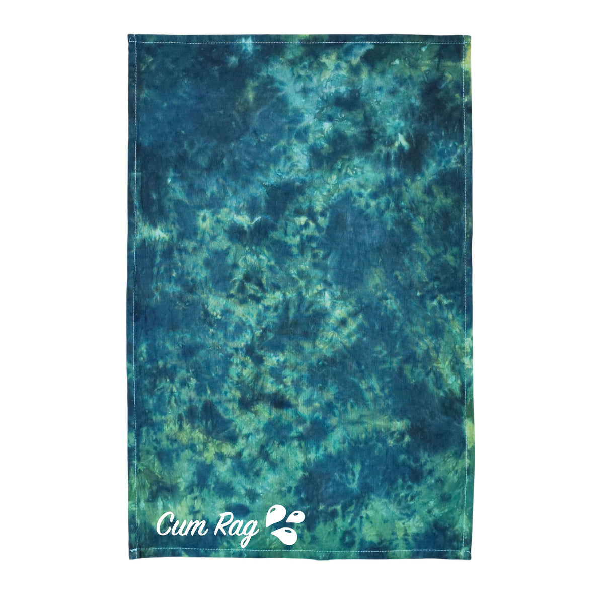 Tie-dye rag with teal-blue and green mottled pattern, stitched edges