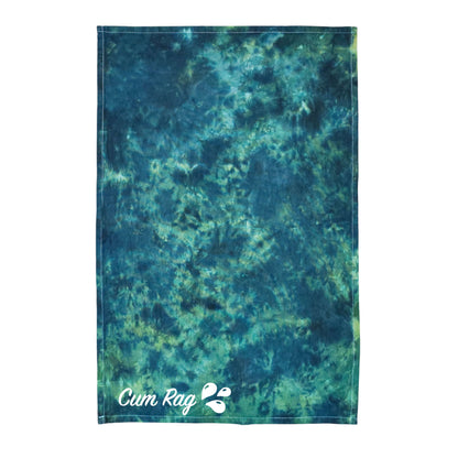 Tie-dye rag with teal-blue and green mottled pattern, stitched edges