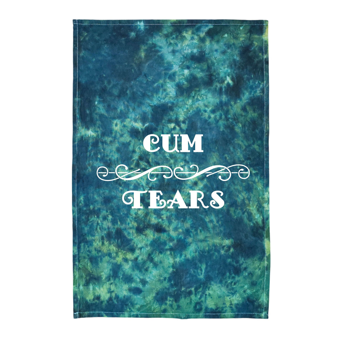 Tie-dye rag towel in teal and green, with 'CUM TEARS' front print