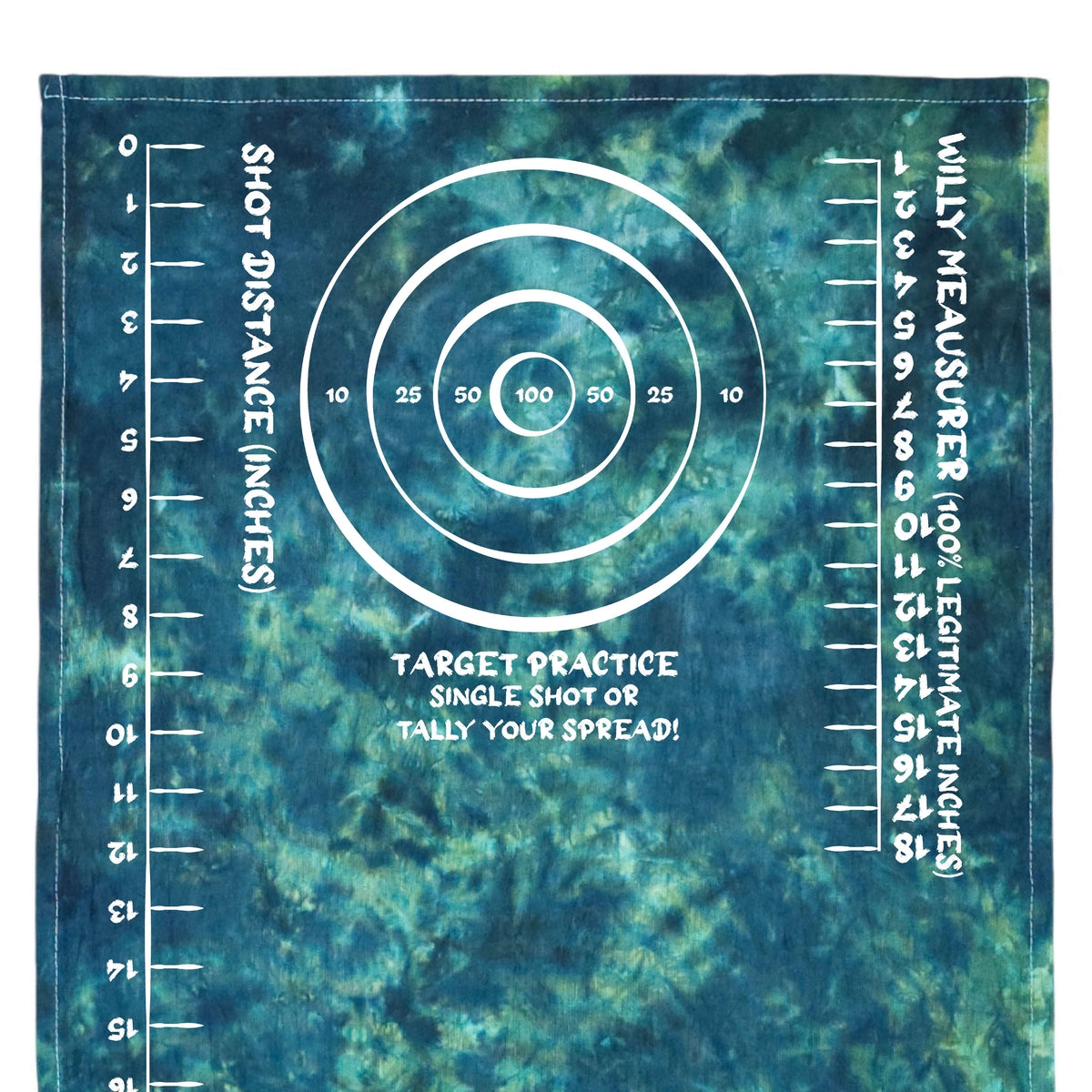 Tie-dye target practice rag in teal and blue-green with circular target graphic and rulers