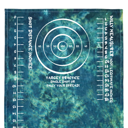 Tie-dye target practice rag in teal and blue-green with circular target graphic and rulers