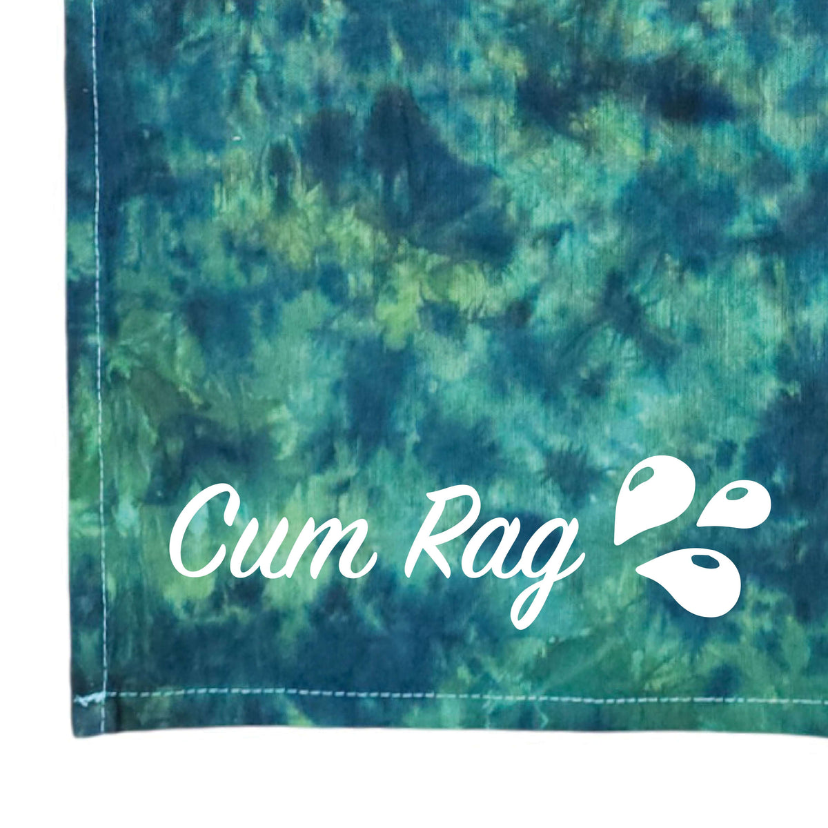 Tie-dye rag with teal and green mottled pattern, stitched edges