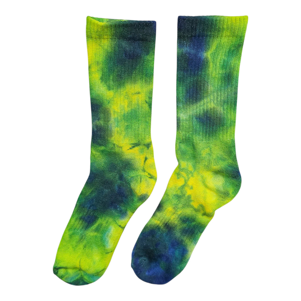 Pair of acid tie-dye crew socks in neon yellow-green and dark blue