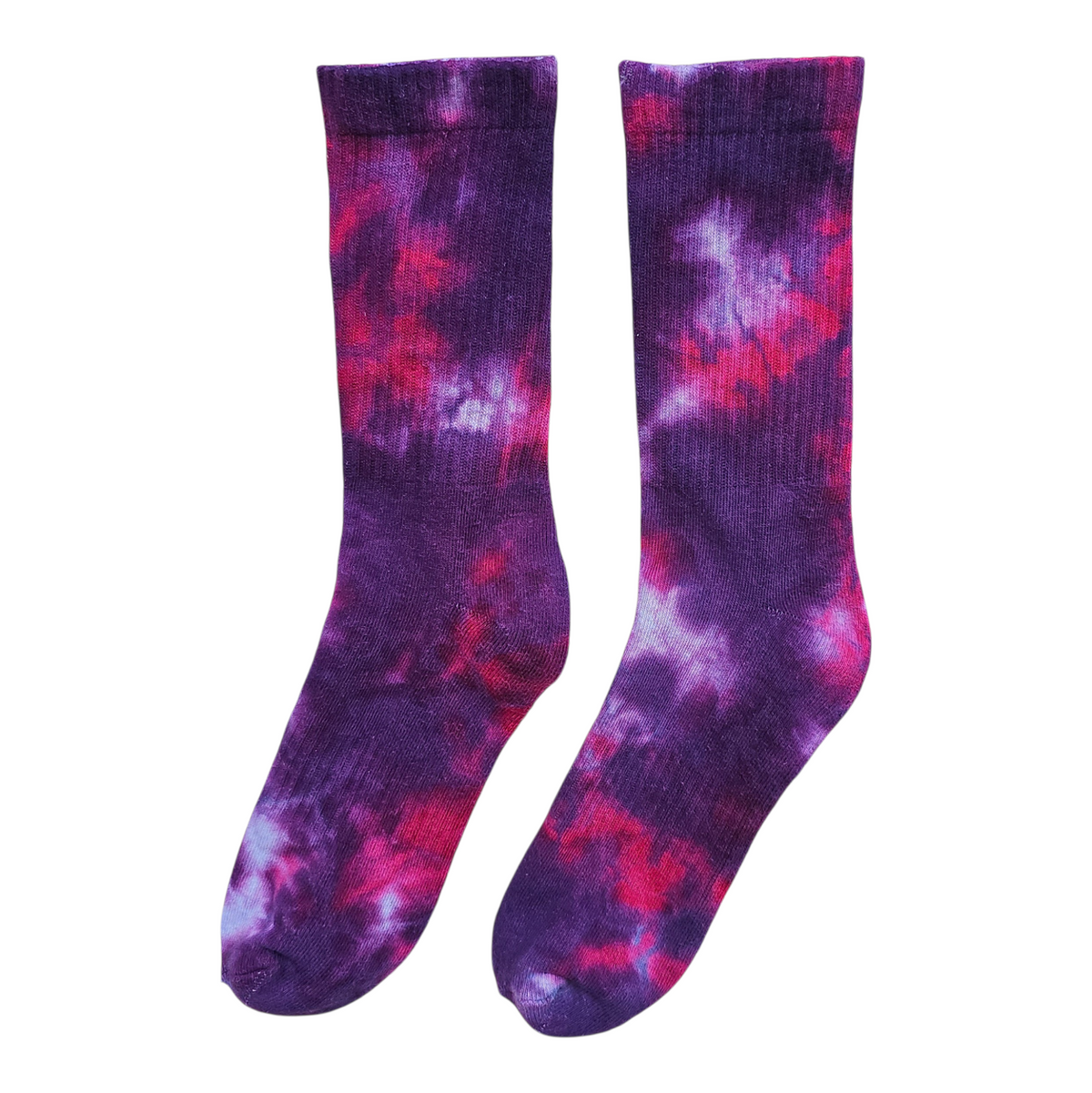 Juicy Fruit tie-dye crew socks in purple and pink