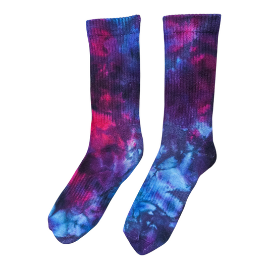 Nebula tie-dye crew socks, purple blue pink galaxy pattern with ribbed cuffs